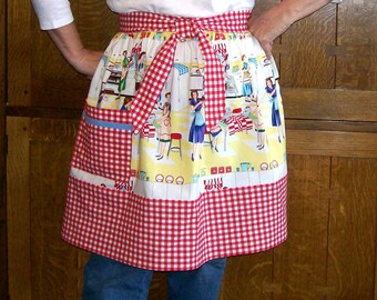 50s Housewife Retro Half Apron - Waist Apron with Gingham - One Size