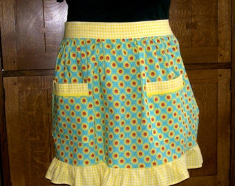 Sunflower Half Apron - Ruffled Retro Waist Apron with Sunflowers and Gingham - Aqua and Yellow Half Apron - One Size Fits Most