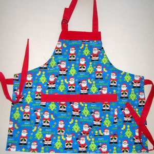 Child Christmas Apron - Santa with Trees Blue Butcher Apron - Size 6