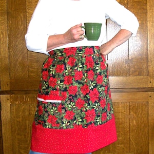 Holiday Hostess Apron - Half Apron with Poinsettias - Christmas Waist Apron - Plus Size Floral Apron