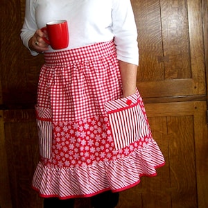 Mrs Claus Waist Apron - Christmas Apron with Ruffles and Pockets - Red and White Ruffled Half Apron - One Size Fits Most