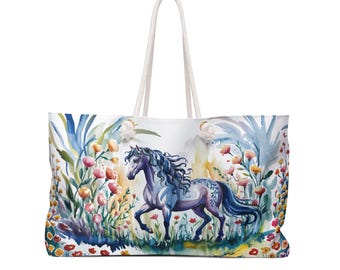 Floral Horse Weekender Bag: Watercolor Meadow Travel Tote