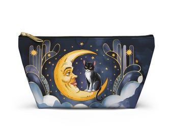 Bolsa de accesorios con diseño de gato iluminado por la luna: Bolsa de cosméticos caprichosa con diseño de noche estrellada