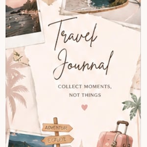Peut inclure: Une couverture de carnet de voyage avec un collage de photos de paysages côtiers, une valise rose, un panneau de signalisation en bois avec des flèches et des illustrations de palmiers. Le texte indique Travel Journal et Collect Moments, Not Things.
