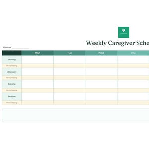 May include: A Weekly Caregiver Schedule planner template featuring a green header with a heart icon. The grid includes columns for days of the week and rows for Morning, Afternoon, Evening, and Bedtime, with sub-rows for Who's Helping and a blank space.
