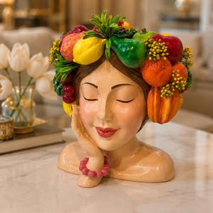 Handgeschilderde Lady Head Planter, Fruit Lady Planter Pot, Face Flower Pot, Decoratieve Fruitschaal, Goddess Planter, Boho Home Decor