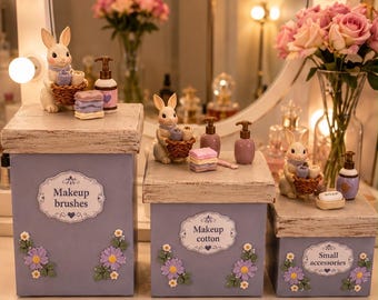 Handmade Bunny Makeup Organizer Set,MDF Vanity Storage Boxes, Makeup Brush Holder, Cotton Pad Box, Small Accessories Storage, Gift for Women