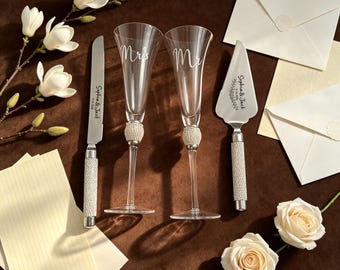 Personalisierte Hochzeitsgeschirrsets, personalisiertes Hochzeitstorten-Schneideset, Hochzeitsgeschenk für die Braut, Hochzeits-Sektgläser