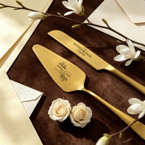 Personalized Simple Handle Wedding Cake Cutting Set, Custom Engraved Cake Knife & Server, Gold Silver Stainless Steel Gift Box Wedding