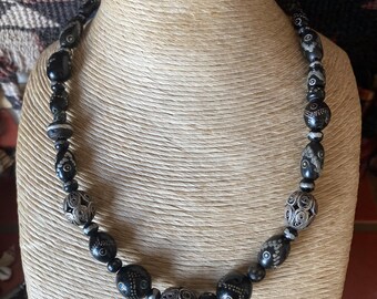 black coral with silver inlay necklace