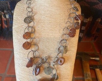 amber and ancient coin necklace on sterling silver links