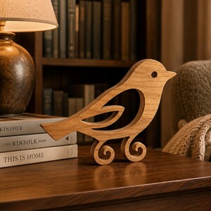 May include: A light brown wooden bird figurine featuring a cutout wing design and two curled feet. The bird has a smooth, natural wood grain finish and a simple, stylized silhouette with a circular eye cutout, standing upright on a flat surface.