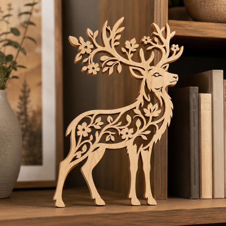 May include: A light-colored wooden cutout of a standing deer with intricate laser-cut details. The deer features elaborate floral and leaf patterns integrated into its body and large antlers, creating a delicate, openwork silhouette design.