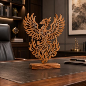 May include: A brown wooden sculpture of a phoenix with outstretched wings and stylized flame patterns at the base. The intricate cutout design is mounted on a rectangular wooden block base, showcasing natural wood grain and smooth edges.