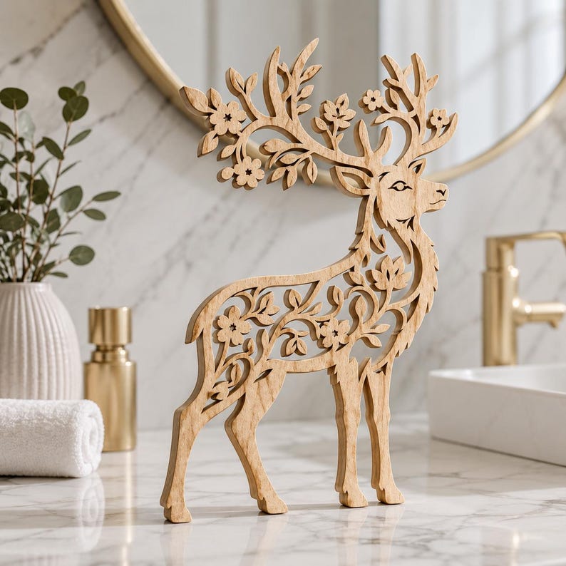 May include: A light brown wooden deer figurine featuring intricate laser-cut floral and leaf patterns throughout its body and antlers. The deer stands in a profile position, showcasing a detailed cutout design that forms the shape of the animal.