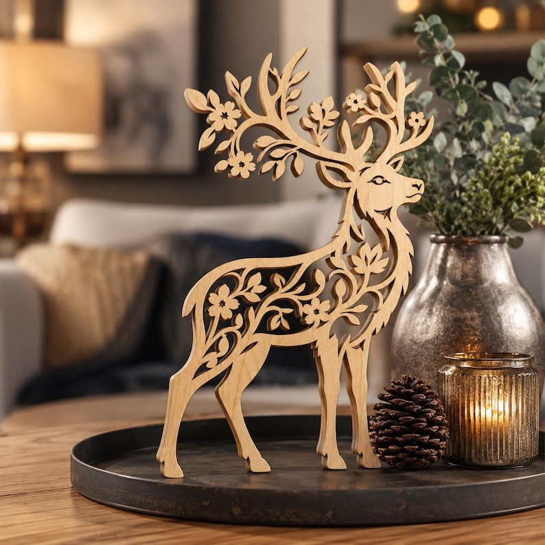 May include: A light-colored wooden deer figurine featuring intricate laser-cut floral and leaf patterns throughout its body and antlers. The deer stands in profile, showcasing a detailed cutout design that integrates botanical elements into its form.
