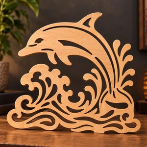 Op de afbeelding: Een lichtbruin houten uitgesneden sculptuur met een dolfijn die uit gestileerde oceaangolven springt. Het ontwerp is plat met ingewikkelde, lasergesneden details die het gebogen lichaam van de dolfijn en de opspattende waterpatronen eronder tonen.