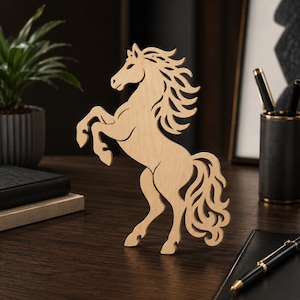 May include: A light-colored wooden cutout of a horse in a rearing position. The horse features intricate, flowing cutouts within its mane and tail, showcasing a natural wood grain texture and a smooth, flat silhouette standing upright on a surface.