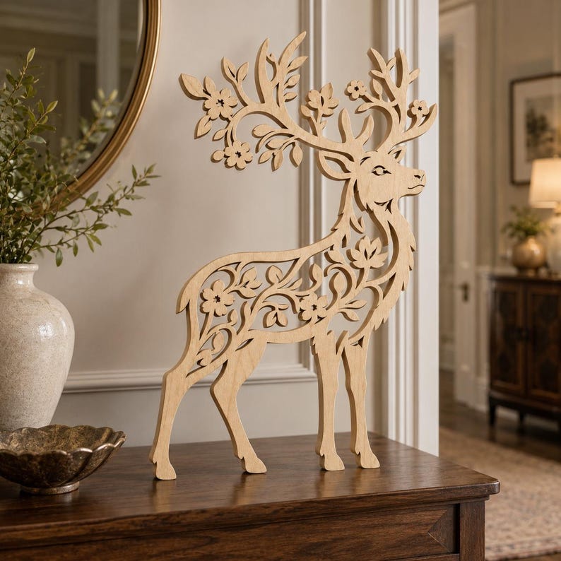 May include: A light-colored wooden cutout of a standing deer featuring intricate laser-cut details of flowers and leaves integrated into its body and antlers. The deer is depicted in profile, showcasing a smooth, flat surface and natural wood grain.