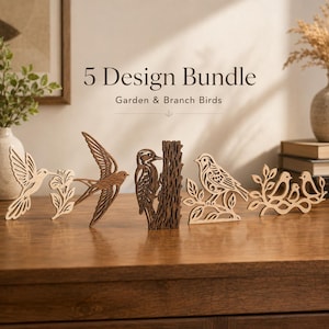 Wood Bird Bundle Scroll Saw Patterns, 5 Garden & Branch Bird Laser Cut Files, SVG DXF PDF Digital Download