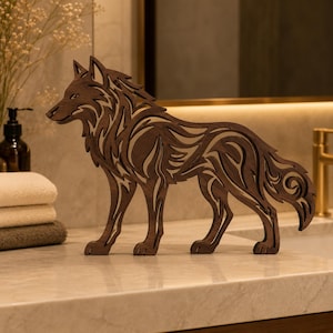 May include: A dark brown wooden wolf figurine featuring an intricate, layered cutout design that creates a stylized, flowing pattern throughout its body. The wolf stands in a profile position, showcasing detailed curves and open spaces in the wood.