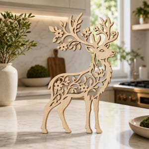 May include: A light-colored wooden cutout of a standing deer featuring intricate laser-cut details of flowers and leaves integrated into its body and antlers. The deer is depicted in profile, showcasing a delicate, openwork design throughout its form.