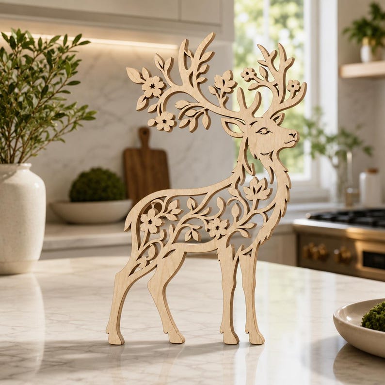 May include: A light-colored wooden cutout of a standing deer featuring intricate laser-cut details of flowers and leaves integrated into its body and antlers. The deer is depicted in profile, showcasing a delicate, openwork design throughout its form.
