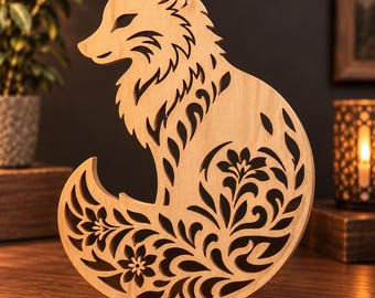 Lasergesneden bestand met vossenmotief en bloemen, decoratie met bosdieren, patroon voor figuurzaag, houtbewerkingsontwerp (PDF, DXF, SVG)