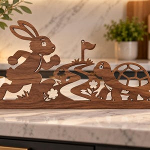 May include: A brown wooden cutout depicting a rabbit running toward a finish line flag while a turtle moves along a winding path. The design features cut-out details of flowers and a clover, with a flat base for standing on a level surface.