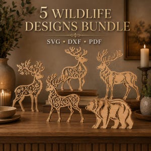May include: A digital graphic featuring the text 5 WILDLIFE DESIGNS BUNDLE SVG DXF PDF above four wooden laser-cut animal figures including three deer with intricate floral and forest patterns in their antlers and one bear with fur texture.