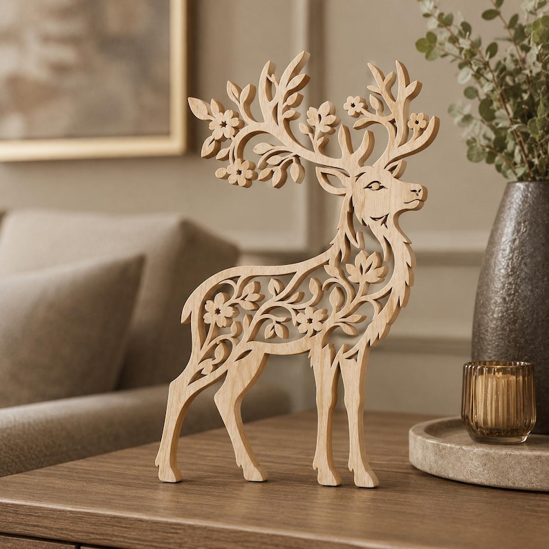 May include: A light-colored wooden deer figurine featuring intricate laser-cut details. The deer's body and antlers are adorned with cutouts of leaves and small flowers, creating a delicate, openwork pattern throughout the entire structure.