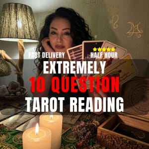 May include: A set of tarot cards held in a fan shape, featuring illustrations of swords and figures. The text reads FAST DELIVERY, HALF HOUR, EXTREMELY 10 QUESTION TAROT READING, accompanied by five yellow stars. Two white pillar candles are in the foreground.