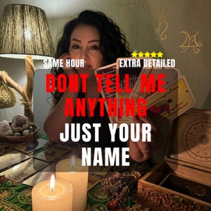 May include: A set of tarot cards held in a hand, featuring the text SAME HOUR EXTRA DETAILED DONT TELL ME ANYTHING JUST YOUR NAME. The cards display traditional illustrations, accompanied by two lit white candles and a wooden box on a green cloth.
