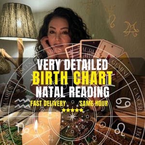 May include: A person holding a fan of tarot cards behind a circular zodiac chart overlay. The text reads VERY DETAILED BIRTH CHART NATAL READING and FAST DELIVERY SAME HOUR. Two lit pillar candles sit on a green cloth in the foreground.