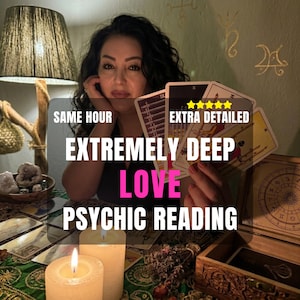 May include: A person holding four tarot cards with a fan-like arrangement. Text overlay reads: SAME HOUR, EXTRA DETAILED, EXTREMELY DEEP LOVE PSYCHIC READING. Two lit white pillar candles, a wooden box, and scattered tarot cards are on a green cloth.