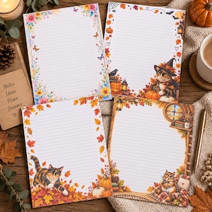 Peut inclure: Quatre feuilles de papier à lettres ligné avec des motifs saisonniers. Une feuille présente des fleurs et papillons colorés, une un chat avec un chapeau de sorcière et des citrouilles, une un chat dans des feuilles d'automne, et une un tamia.