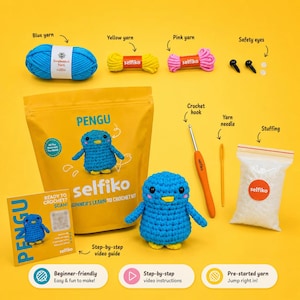 Beginner Crochet Kit – Penguin Amigurumi DIY Craft Kit with Yarn & Video Tutorial