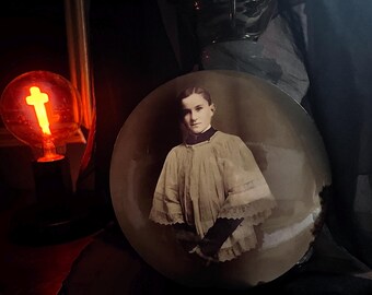 Antique Catholic Altar Server Portrait Plaque | 6” Convex Celluloid Wall Hanging | c. 1920s