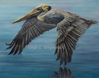 Pelican, "Maverick" print from my original oil painting of a pelican bird flying low on the ocean coastline of Alabama, bird art coastal art