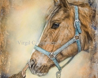 Cowboy art, Jake, print of a little boy petting his horse, little cowboy, western art, cowboy artwork, western print