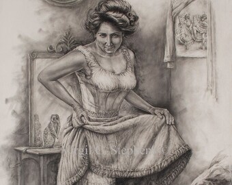 16x24 Vintage Western Lady Pencil Drawing | Old West Saloon Girl Art Print | Rustic Victorian Wall Decor- Brothel Art- Risque Pinup Art