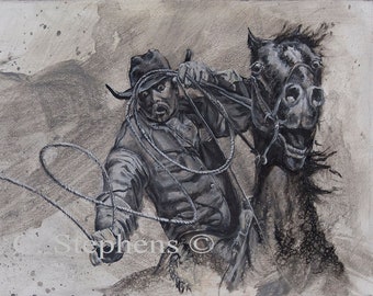 Western Art, Uh-Oh! western drawing of a cowboy in a wreck, horse artwork, print of cowboy
