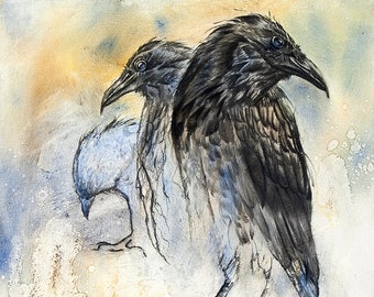 Raven art, The Mob, print from my original oil painting of a 3 Pine Ravens, black bird, crows, artwork of a Ravens, print of ravens