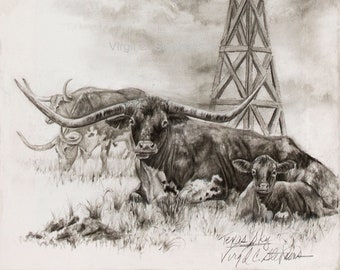 Longhorn Windmill Wall Art Print – Black and White Ranch Decor – Texas Cattle Sketch – Farmhouse Western Livestock Scene – 12x16
