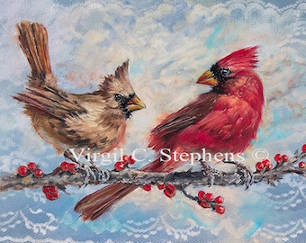 Bird Art, Flirty Birdie, limited edition print of cardinals, female flirting with the male cardinal. Red birds, bird artwork, midwestern art