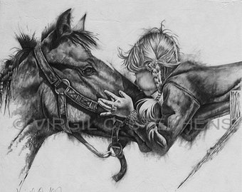 Unconditional Love, conte pencil drawing of a little girl bending over the fence kissing her horse, cowgirl artwork, western art