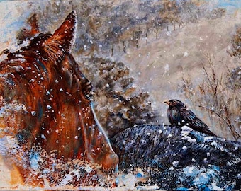 12x24, 14x28 Horse Art Print | Winter Horse and Bird Western Painting | Rustic Ranch Wall Decor | Country Farmhouse Equestrian Gift