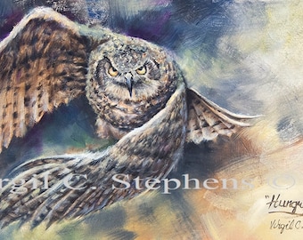 Owl art, Hungry Hunter, print from my original oil painting of an Owl in flight, owls, art of owl, wildlife bird art