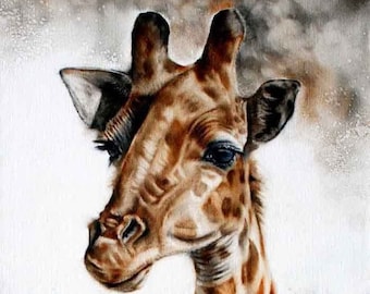 Giraffe Portrait Art Print – African Wildlife Wall Decor – Tall Safari Animal Painting – Gentle Nature Artwork – 12x24