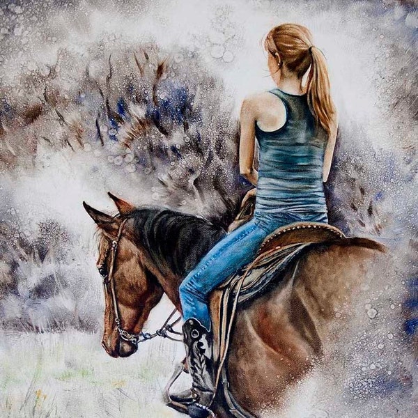 Cowgirl art, entitled When Nothing Else Matters, print of a cowgirl and her horse riding, cowgirl art, ranch artwork